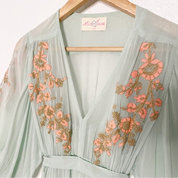 MISS JUNE PARIS SHEER SEA FOAM EMBELLISHED MAXI DRESS SIZE 2 - Picture 9 of 11